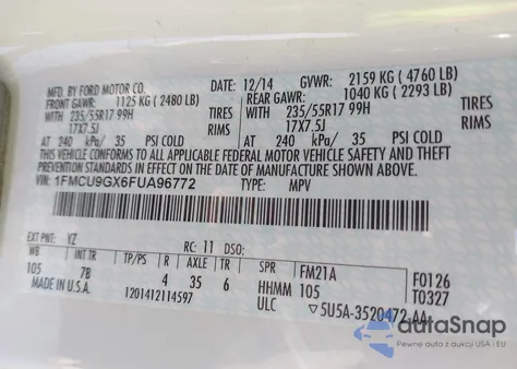 2015 Ford Escape Se z USA, uszkodzony, nr VIN 1FMCU9GX6FUA96772